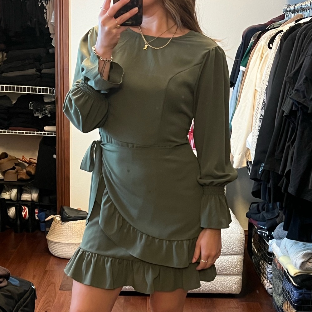 Long Sleeve Olive Green Ruffle Dress Wrap Front
